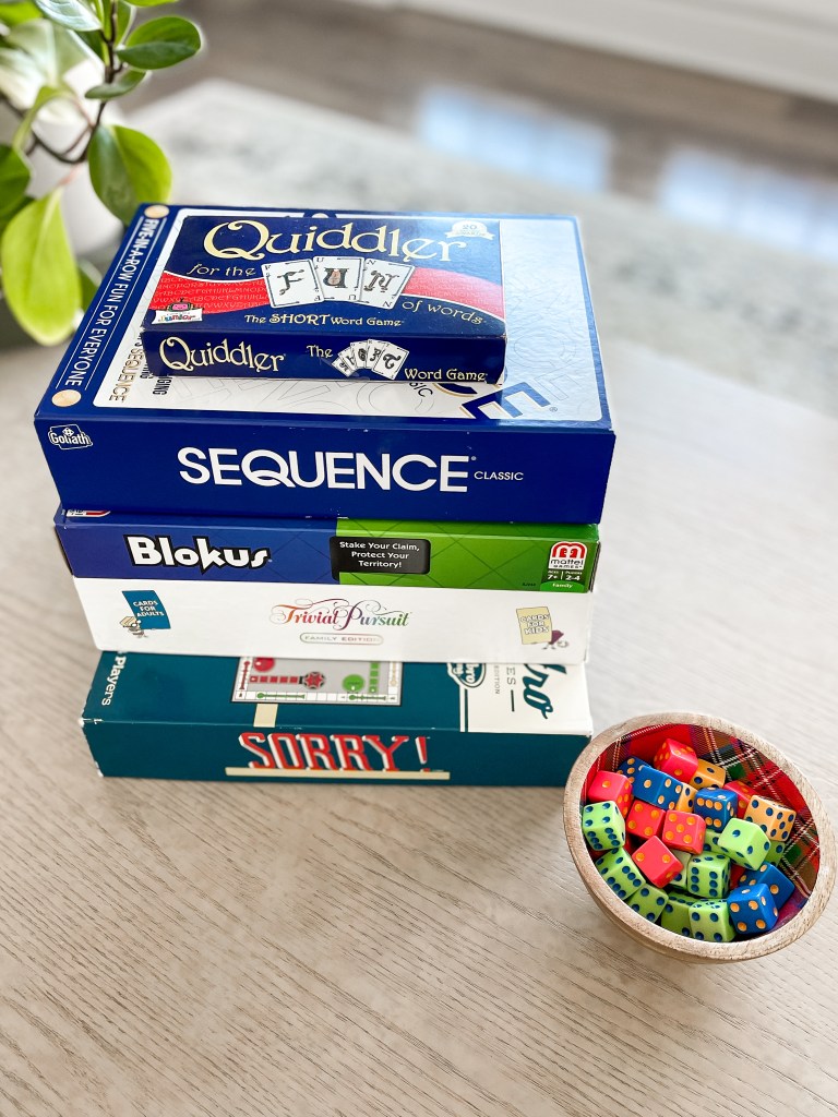 Favorite board games Tenzi, quiddler, blokus, trivial pursuit, sorry, Sequence